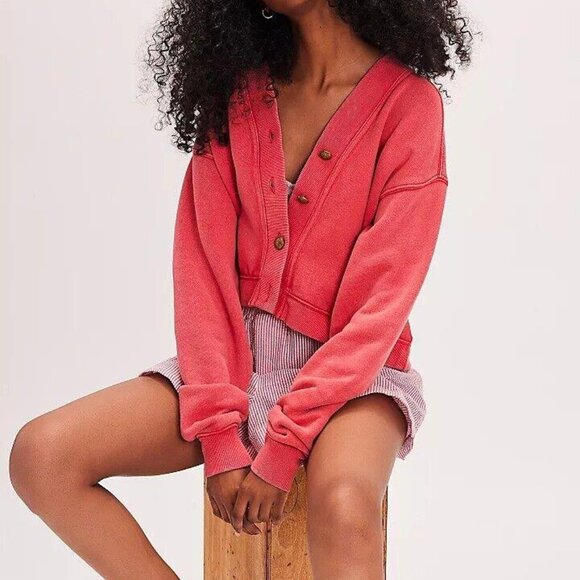 Free People Grace Cardi Sweatshirt Top Solid Buttondown Cotton Slouchy M 274512